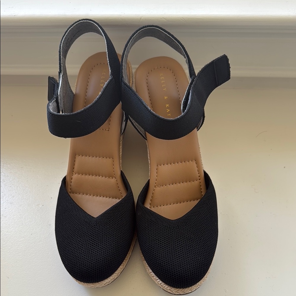 Kelly & Katie Black Espadrille Wedges with Tan Sole